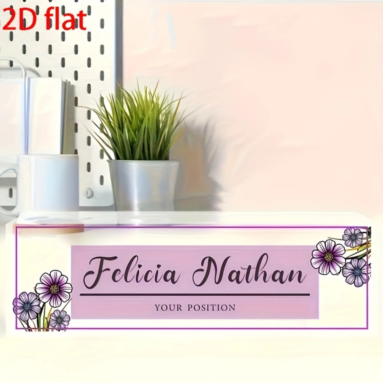 Desk Name Plate - Pembe-Mor Çiçekli Akrilik Masa İsimliği, Kişiselleştirilmiş