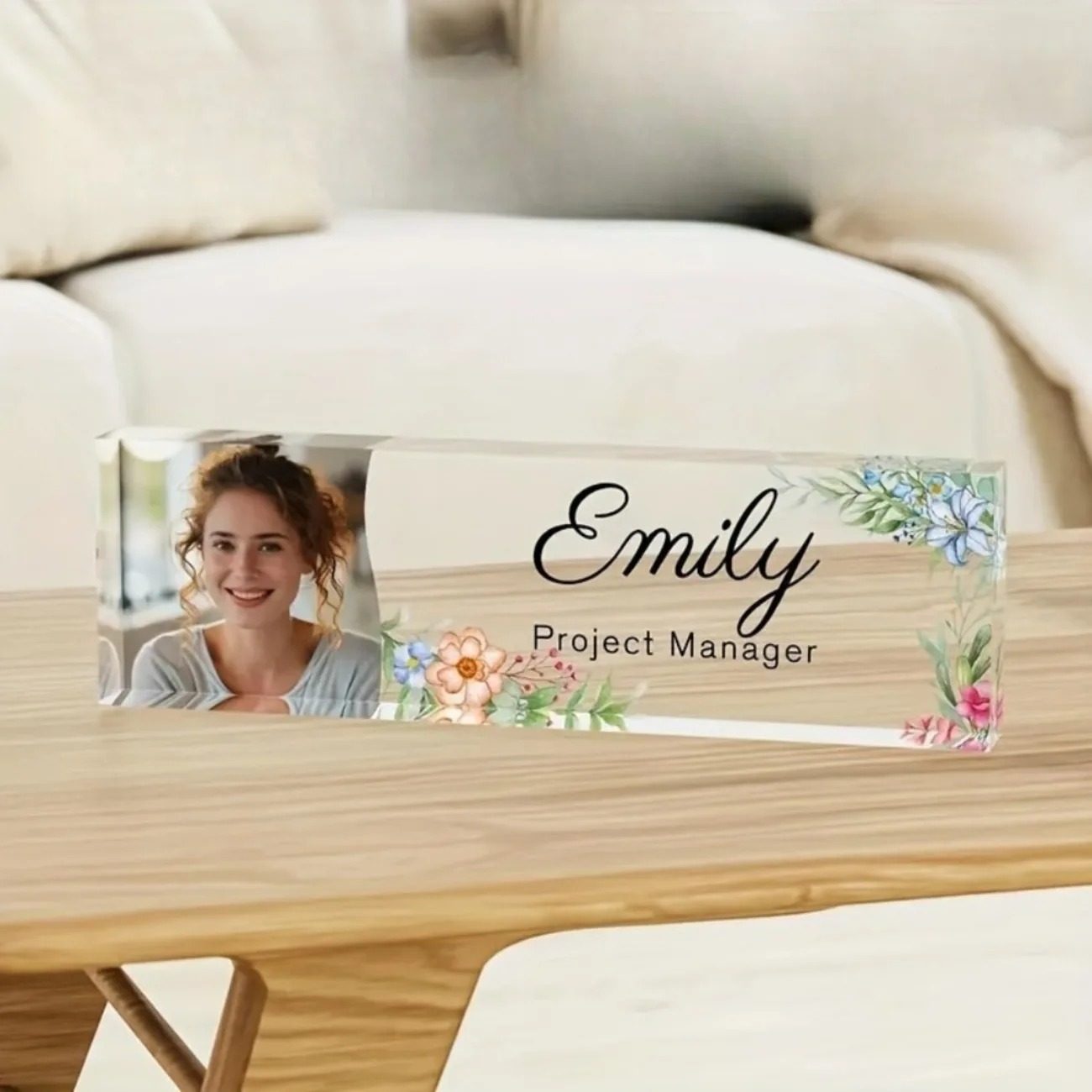 Desk Name Plate - 1 Adet Kişiselleştirilmiş Çiçek Desenli Akrilik